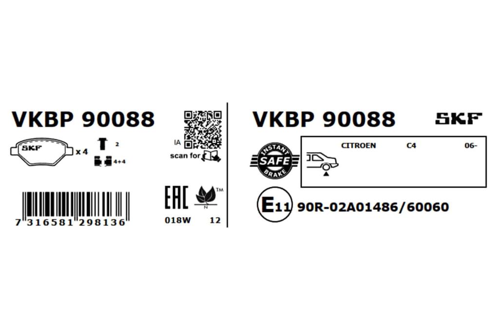 Jeu de 4 plaquettes de frein SKF ref. VKBP 90088